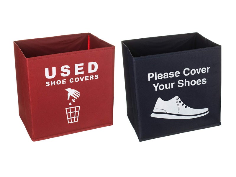 Yolju 2 Pack Shoe Cover Boxes for Realtor, Home, Office. Blue and Red Foldable Boxes Come as a Set with Please Cover Your Shoes and Used Shoe Covers Sign for Disposable Booties - Image 1